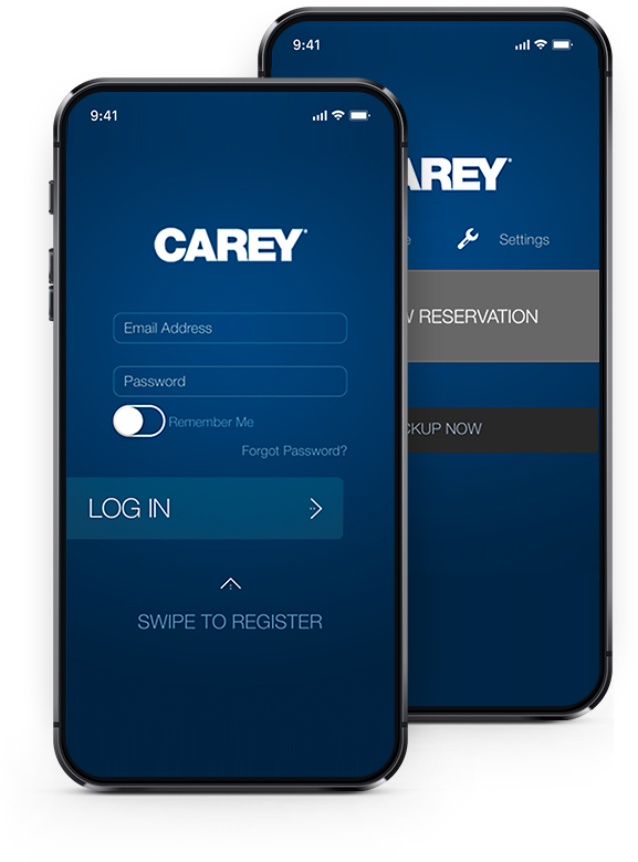 Stock photo of a mobile device displaying the Carey Mobile App login screen
