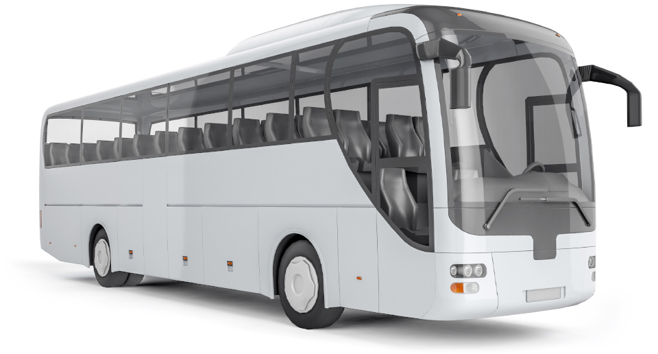 Front corner view of a motor coach